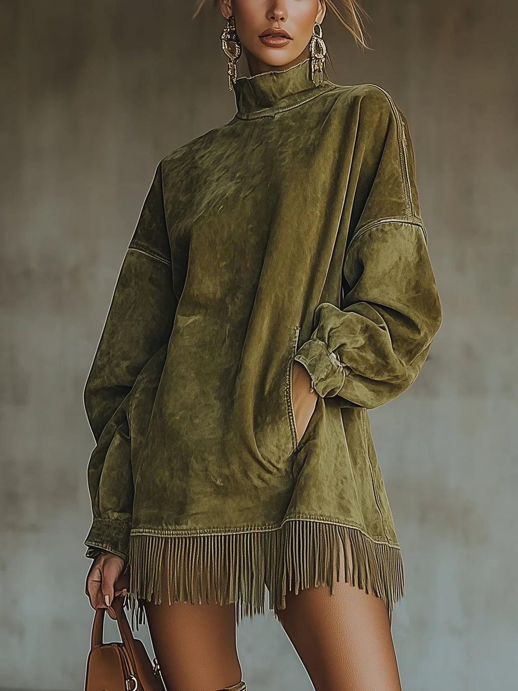 Darcie | Suede Fringe Turtleneck Dress