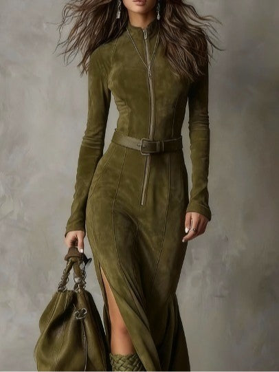 Evelyn | Vintage Suede Maxi Zip Dress