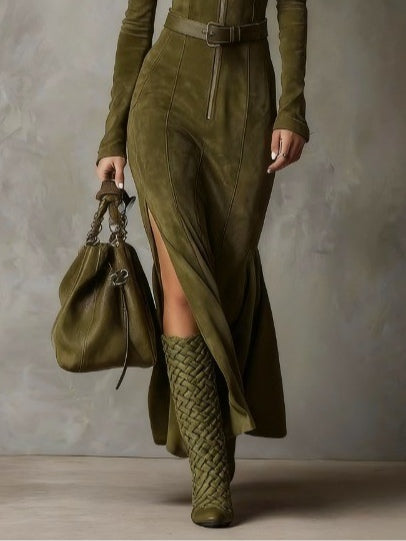 Evelyn | Vintage Suede Maxi Zip Dress